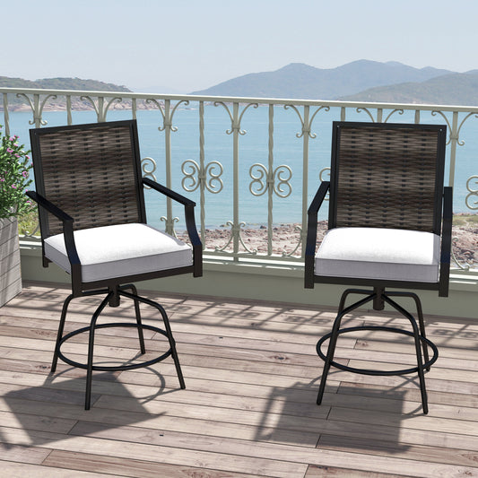 Outdoor PE Wicker Swivel Bar Stools Set of 2 Counter Height Patio Chairs with Back-Grey - Tampa Home & Garden Store