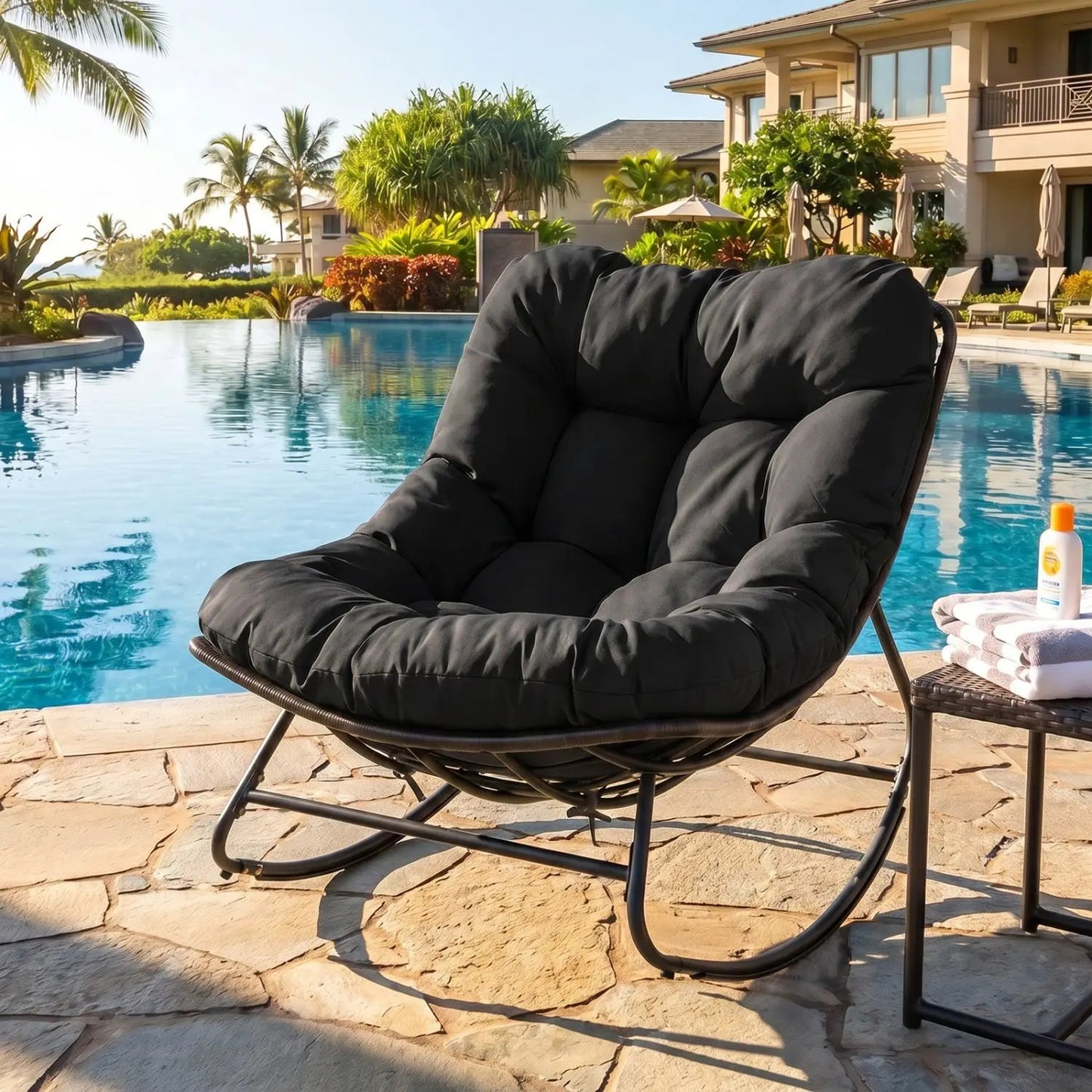 Papasan Rocking Chair with Thick Cushion Outdoor