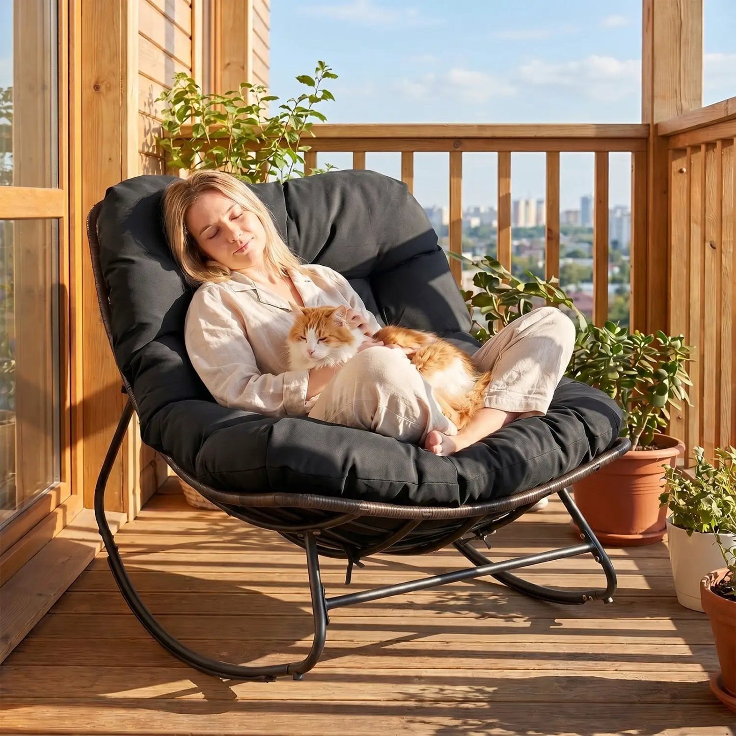 Papasan Rocking Chair with Thick Cushion Outdoor