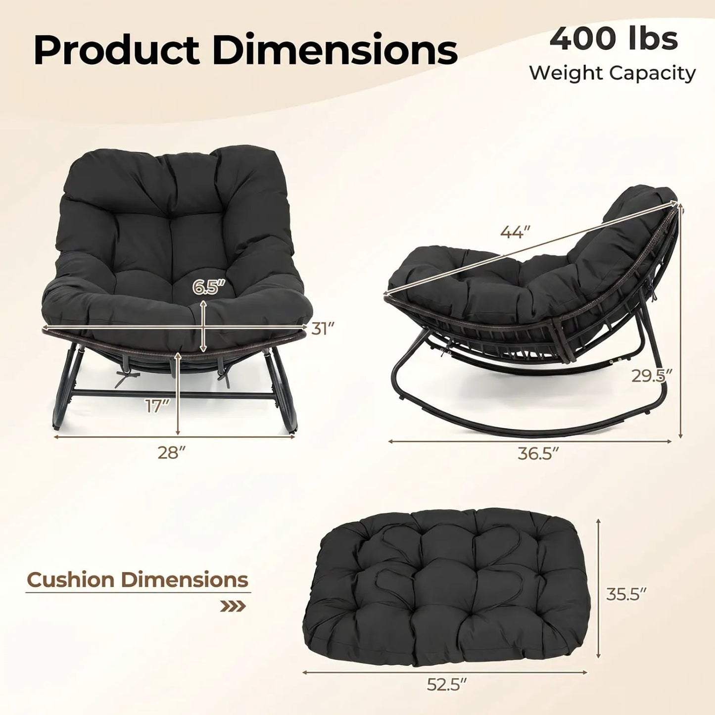 Papasan Rocking Chair with Thick Cushion Outdoor