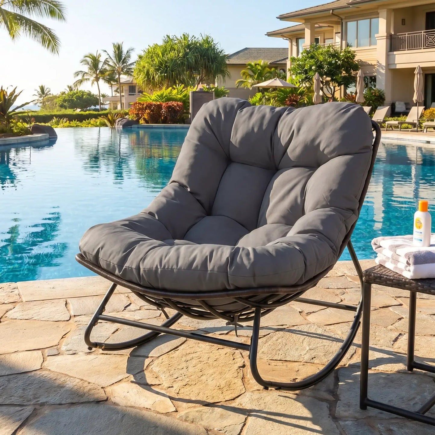 Papasan Rocking Chair with Thick Cushion Outdoor