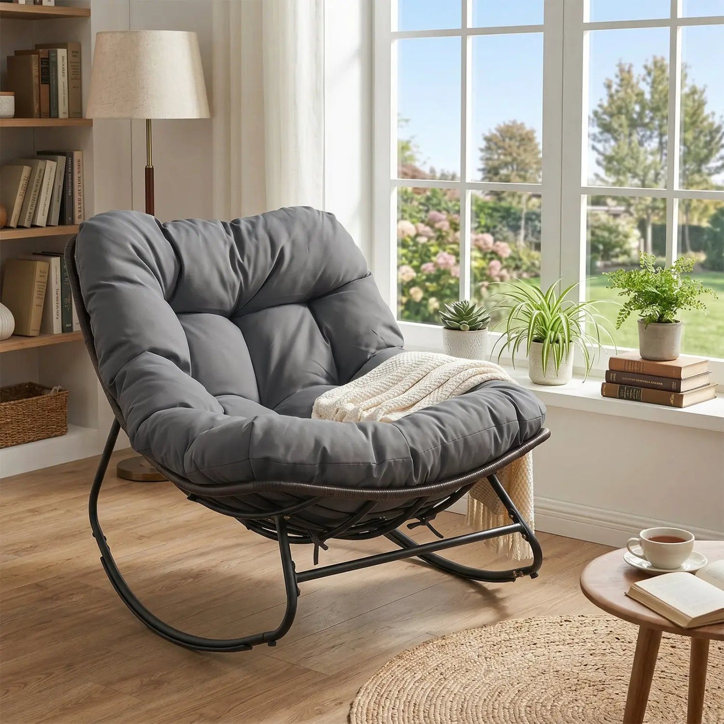 Papasan Rocking Chair with Thick Cushion Outdoor