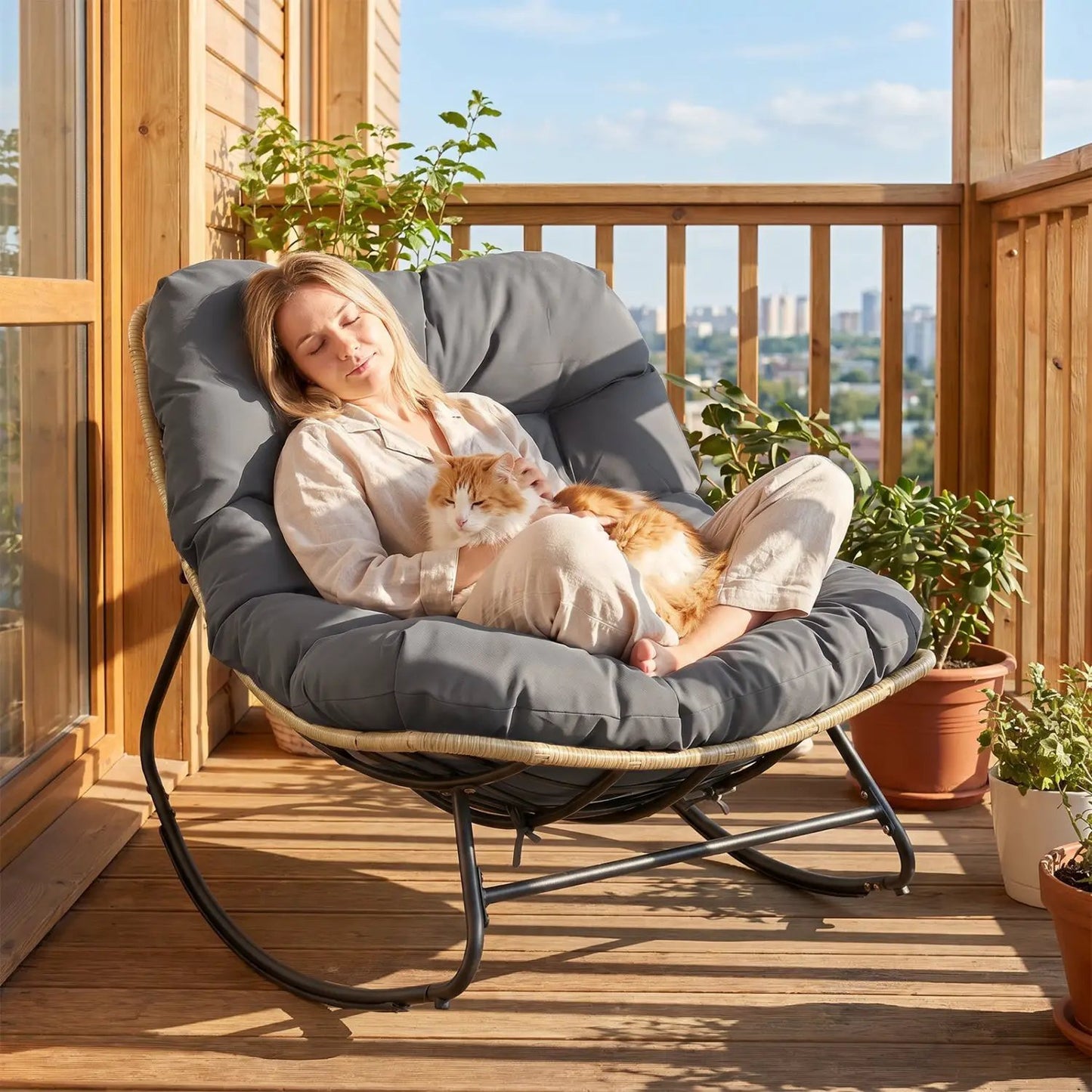 Papasan Rocking Chair with Cushioned Seat