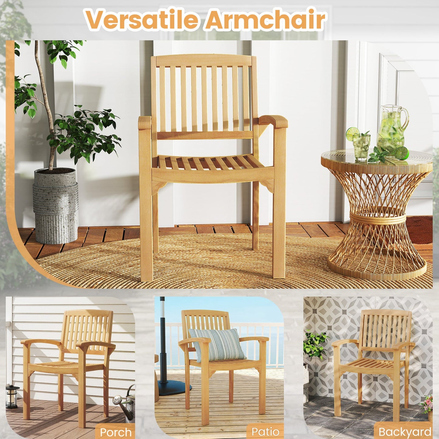 Silla de patio exterior con asiento de listones y asiento curvado