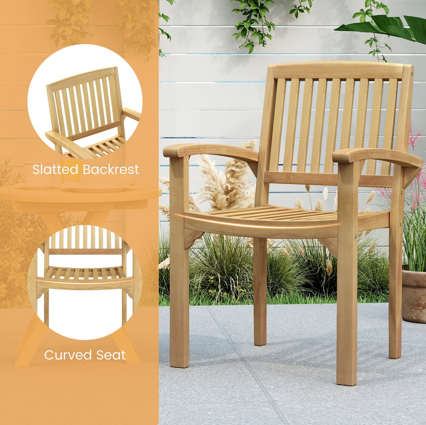 Silla de patio exterior con asiento de listones y asiento curvado