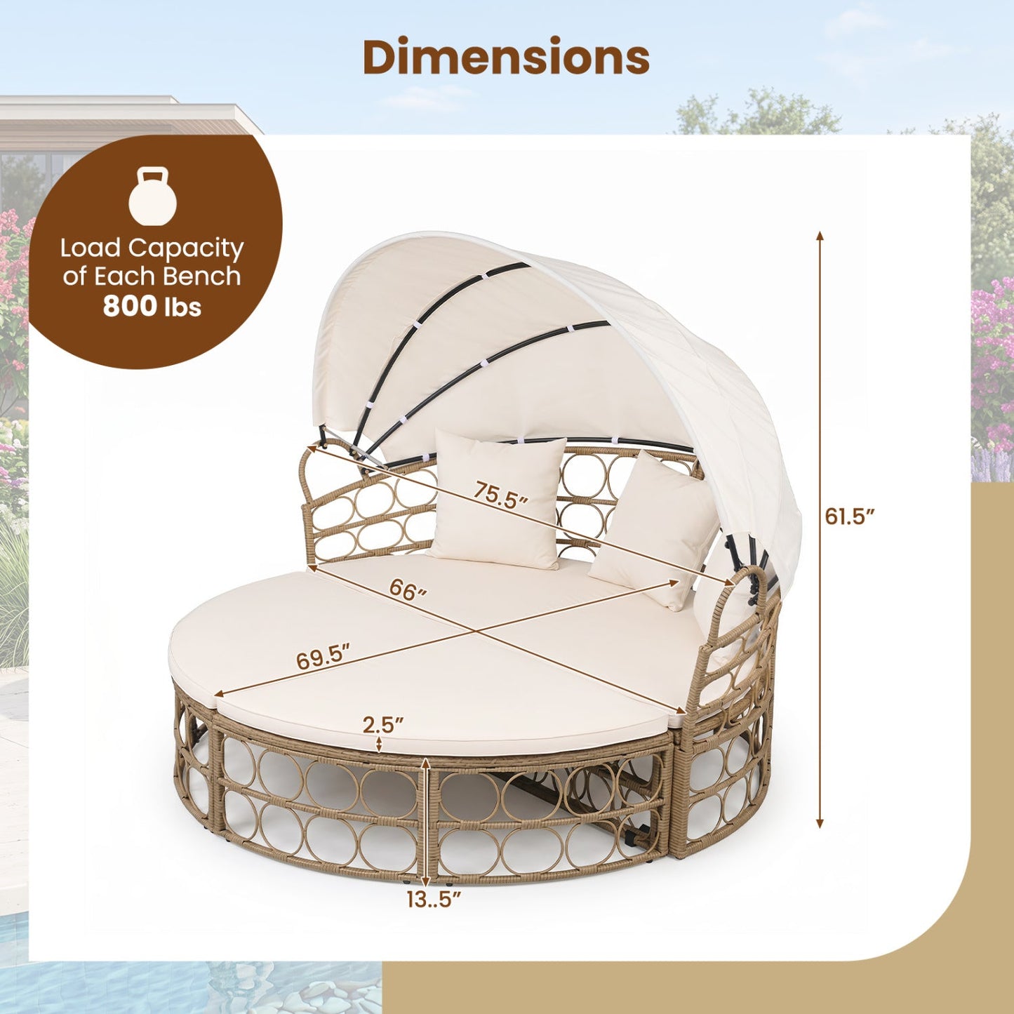 Outdoor Daybed with Retractable Canopy Cushions