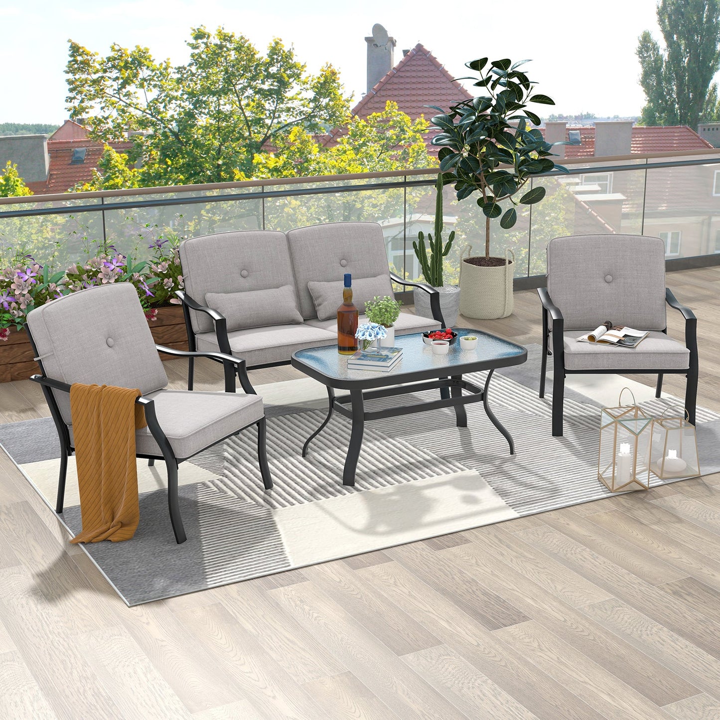 Juego de conversación para exterior de 4 piezas con cojines de asiento y almohadas lumbares - Gris