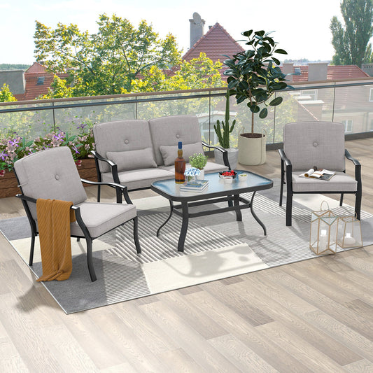 4 Pieces Outdoor Conversation Set with Seat Back Cushions and Waist Pillows-Gray - Tampa Home & Garden Store