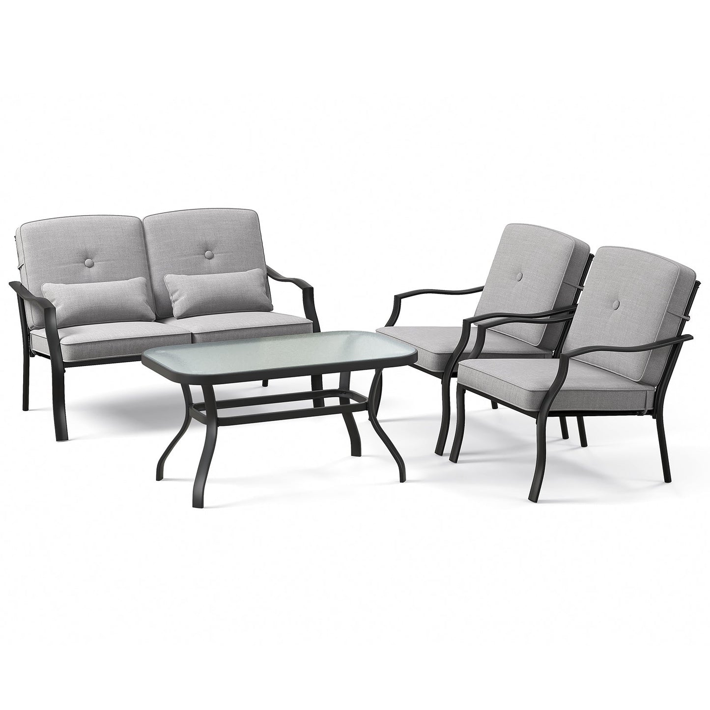 Juego de conversación para exterior de 4 piezas con cojines de asiento y almohadas lumbares - Gris