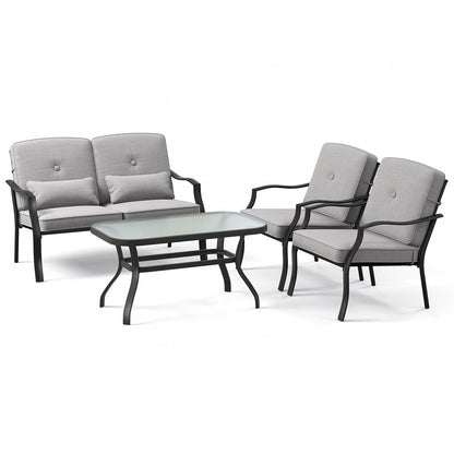Juego de conversación para exterior de 4 piezas con cojines de asiento y almohadas lumbares - Gris