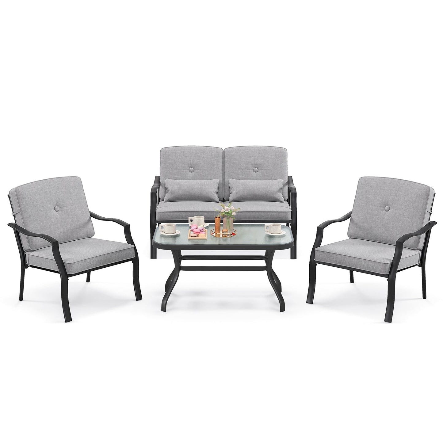 Juego de conversación para exterior de 4 piezas con cojines de asiento y almohadas lumbares - Gris