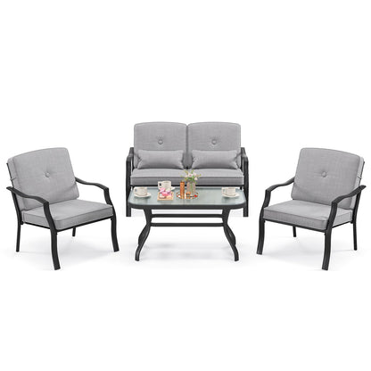 Juego de conversación para exterior de 4 piezas con cojines de asiento y almohadas lumbares - Gris