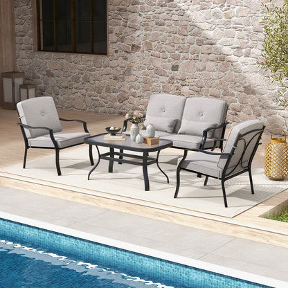 Juego de conversación para exterior de 4 piezas con cojines de asiento y almohadas lumbares - Gris