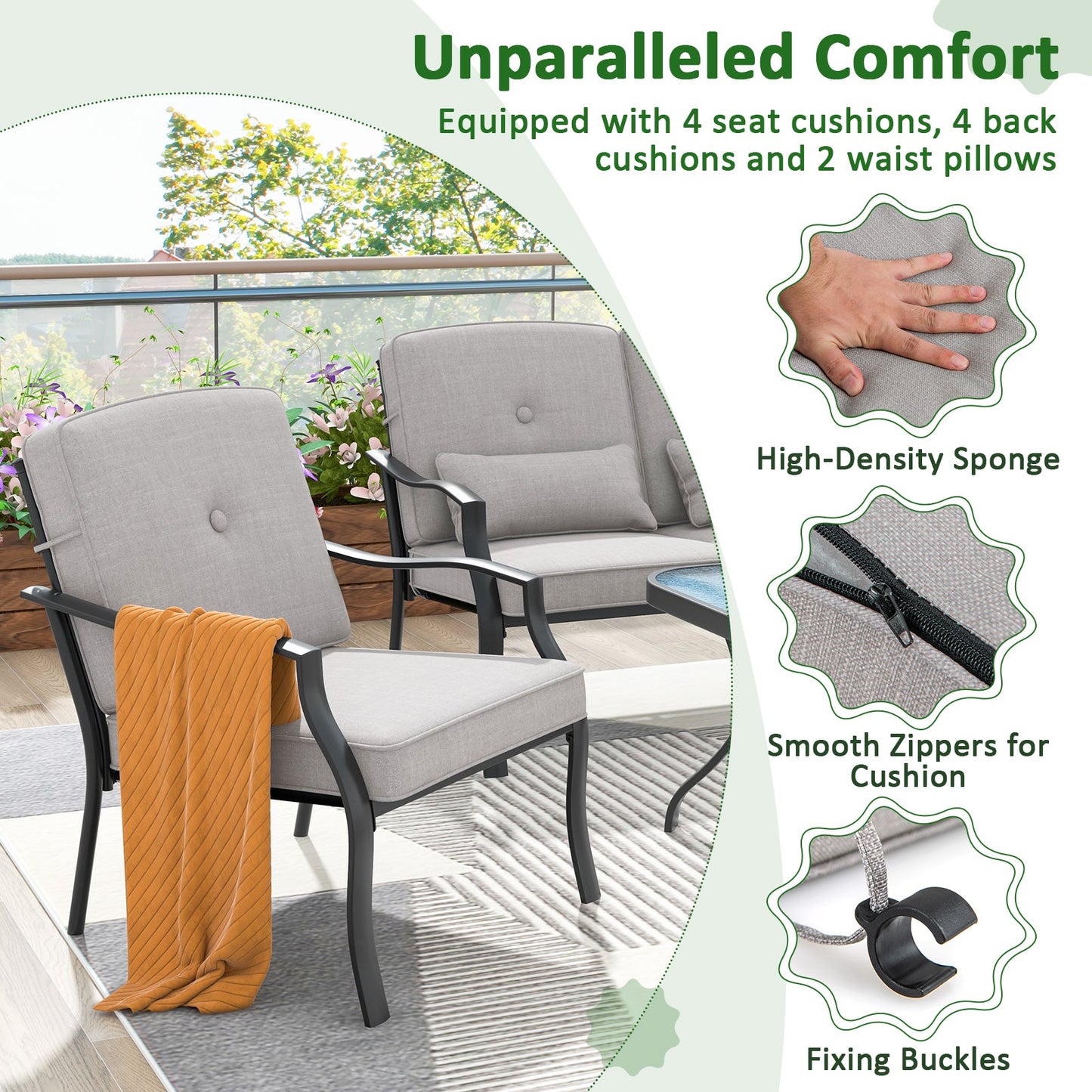 Juego de conversación para exterior de 4 piezas con cojines de asiento y almohadas lumbares - Gris
