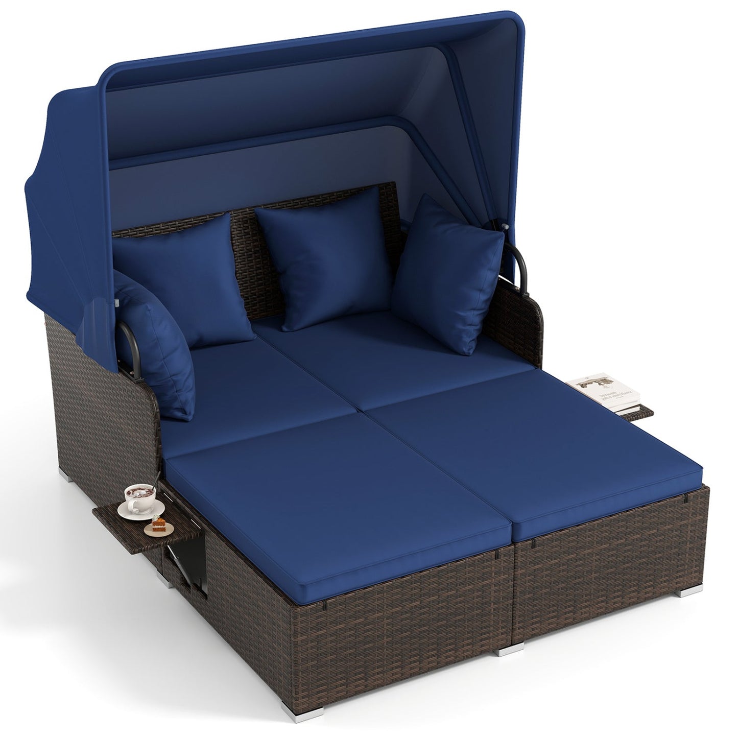 Outdoor Patio Rattan Daybed with Retractable Canopy and Side Tables