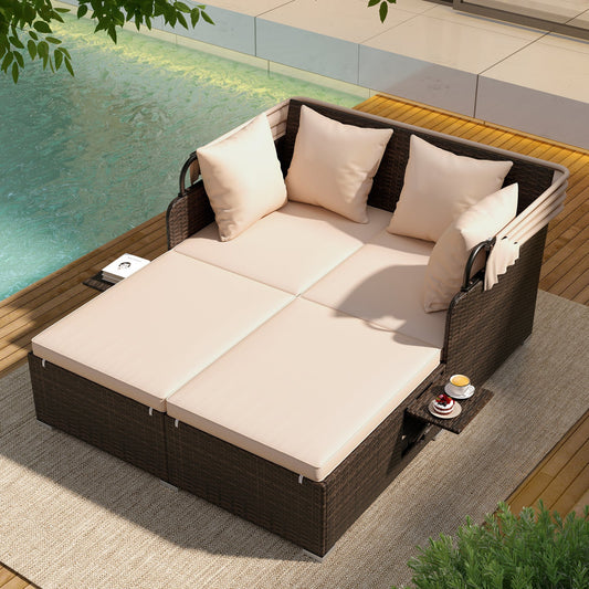 Outdoor Patio Rattan Daybed with Retractable Canopy and Side Tables - Tampa Home & Garden Store