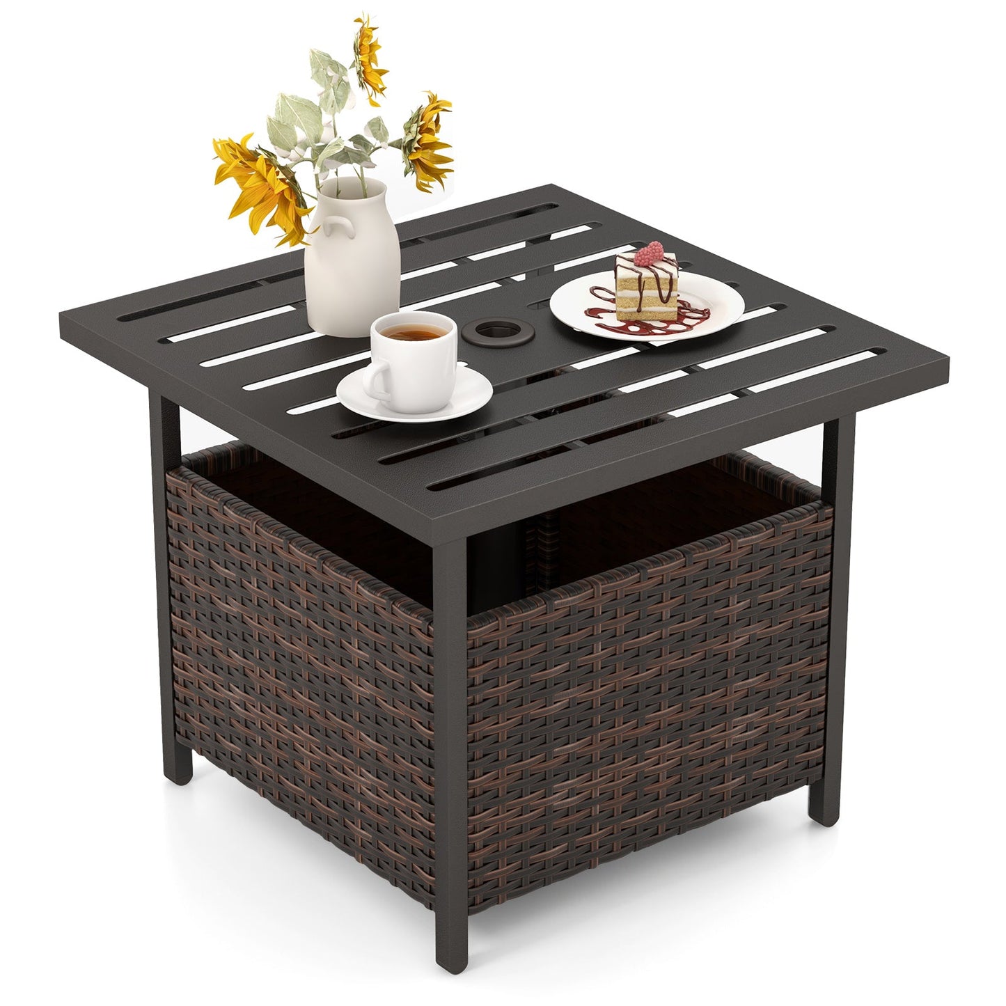 Mesa auxiliar de mimbre y ratán de acero para patio exterior - Marrón