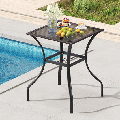 Mesa cuadrada para patio de exterior de 28.5 pulgadas con tapa de cristal y borde de ratán