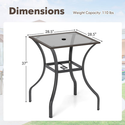 Mesa cuadrada para patio de exterior de 28.5 pulgadas con tapa de cristal y borde de ratán