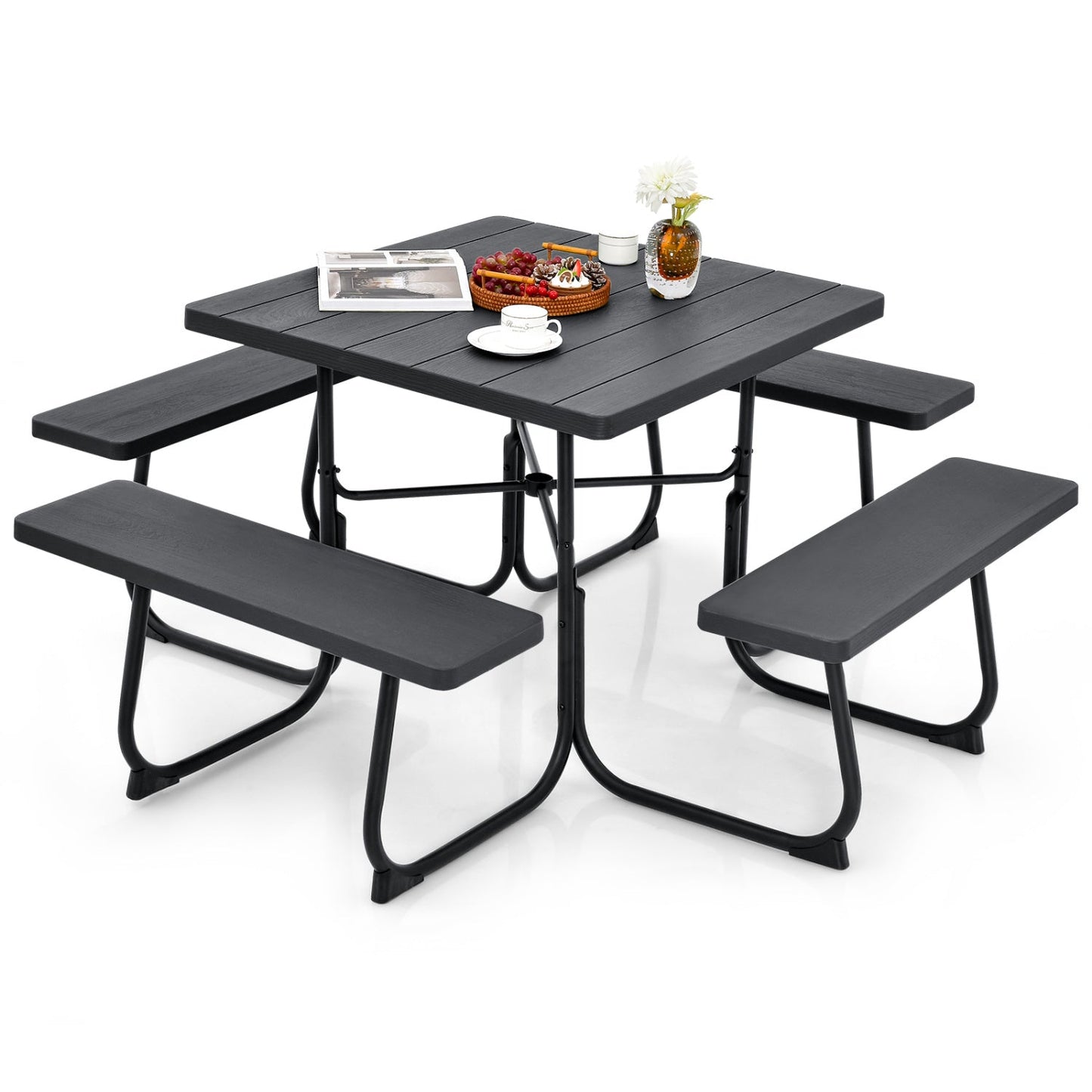 Mesa de picnic exterior con 4 bancos y agujero para sombrilla - Negro