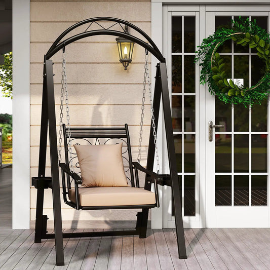 Outdoor porch swing by DirectDeals with removable beige cushions on black metal frame on Tampa Home & Garden Store