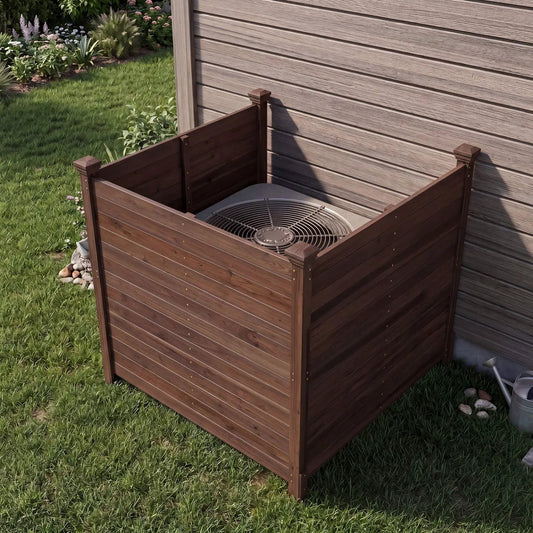 3-Panel outdoor privacy fence for AC units & equipment in brown wood surrounds a condenser on Tampa Home & Garden Store