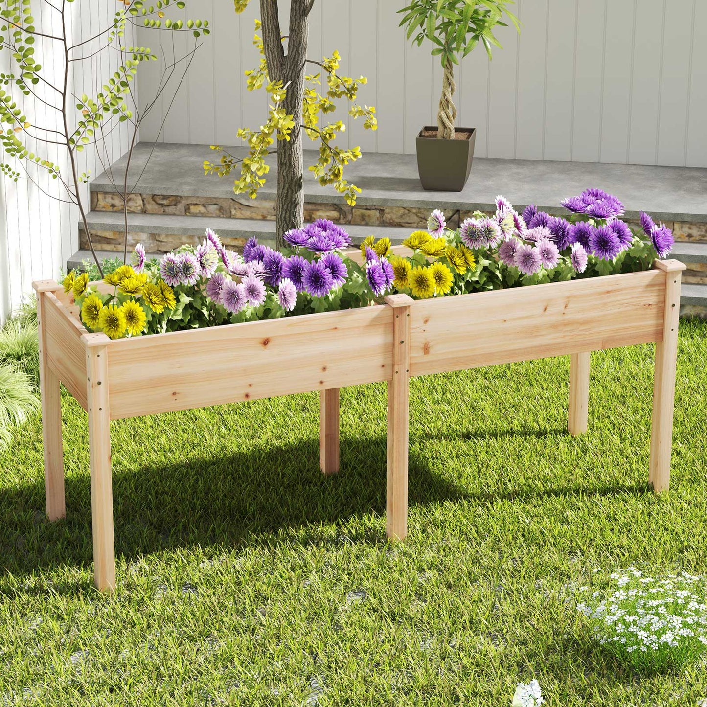 Cama de jardín elevada de madera de abeto para exteriores con panel divisor y orificios de drenaje-Natural