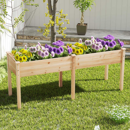 Cama de jardín elevada de madera de abeto para exteriores con panel divisor y orificios de drenaje-Natural