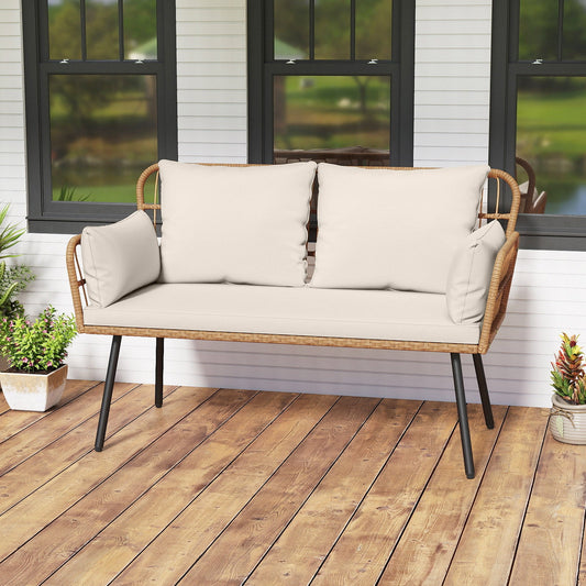 Outdoor Rattan 2-Seat Chair with Seat Back Cushions and Heavy-Duty Metal Legs - Tampa Home & Garden Store