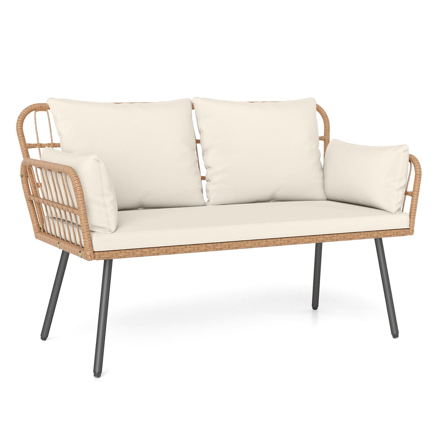 Outdoor Rattan 2-Seat Chair with Seat Back Cushions and Heavy-Duty Metal Legs