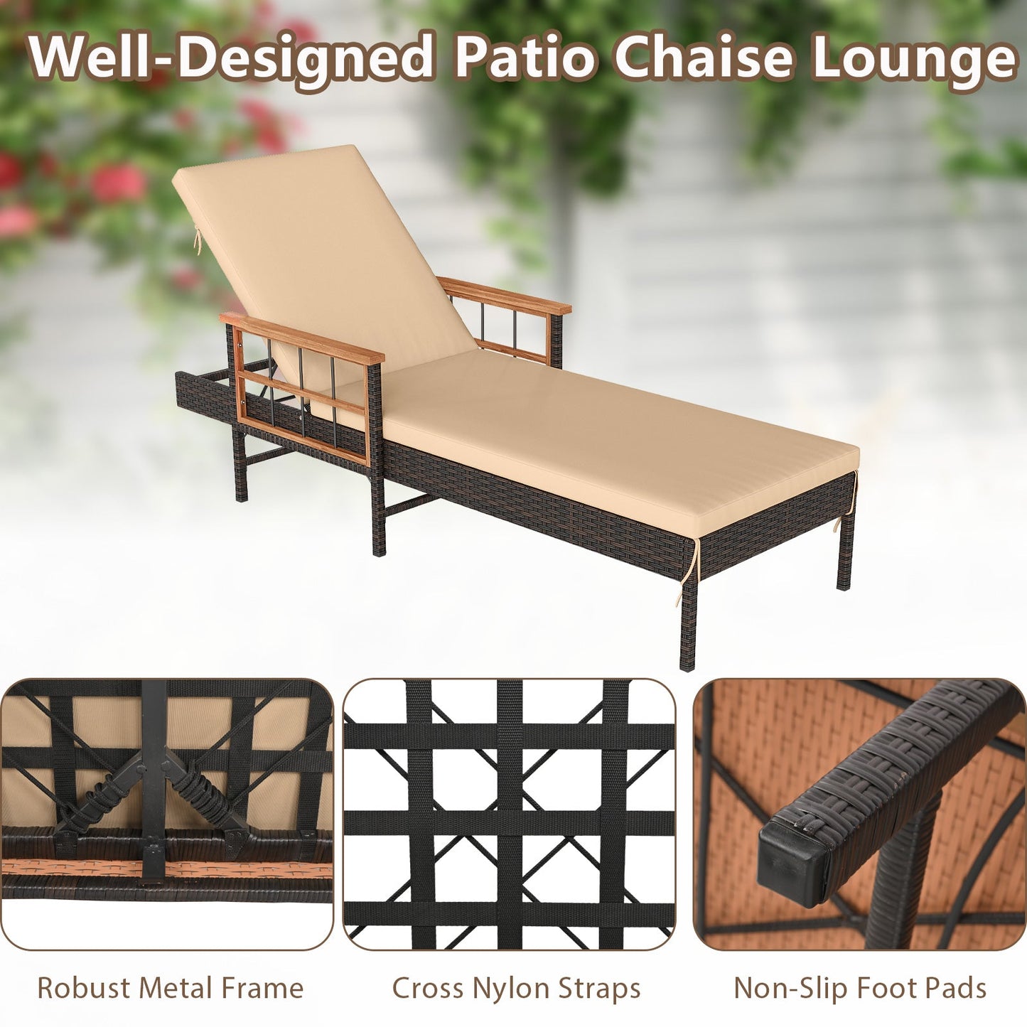 Outdoor Reclining Lounger Chair with 4-Level Adjustable Backrest-Beige