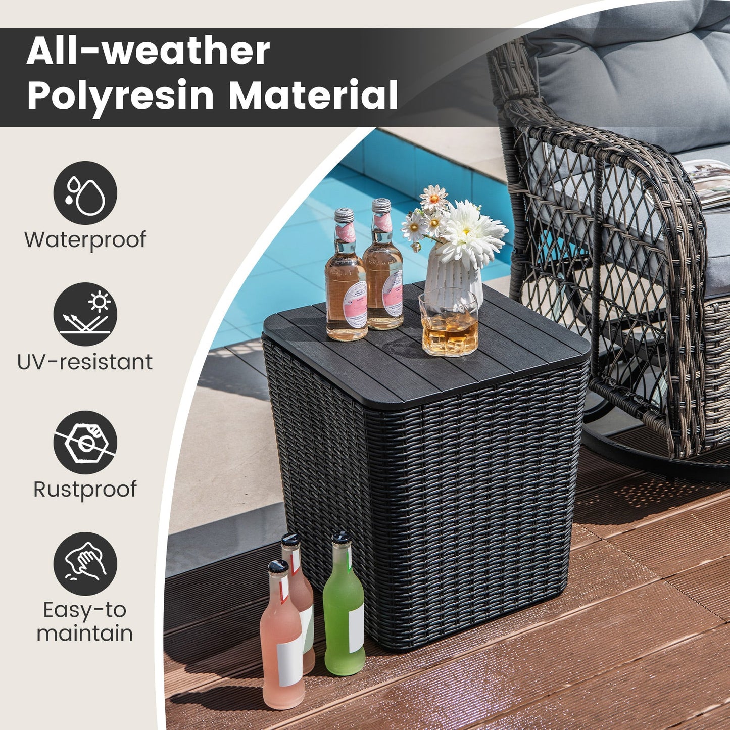 Outdoor Resin Storage Side Table with Removable Lid and Wicker-woven Accent-Black