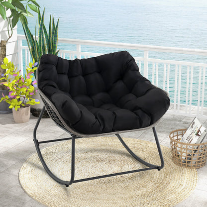 Mecedora de exterior extra grande para patio, silla de huevo de ratán PE con cojín-Negro