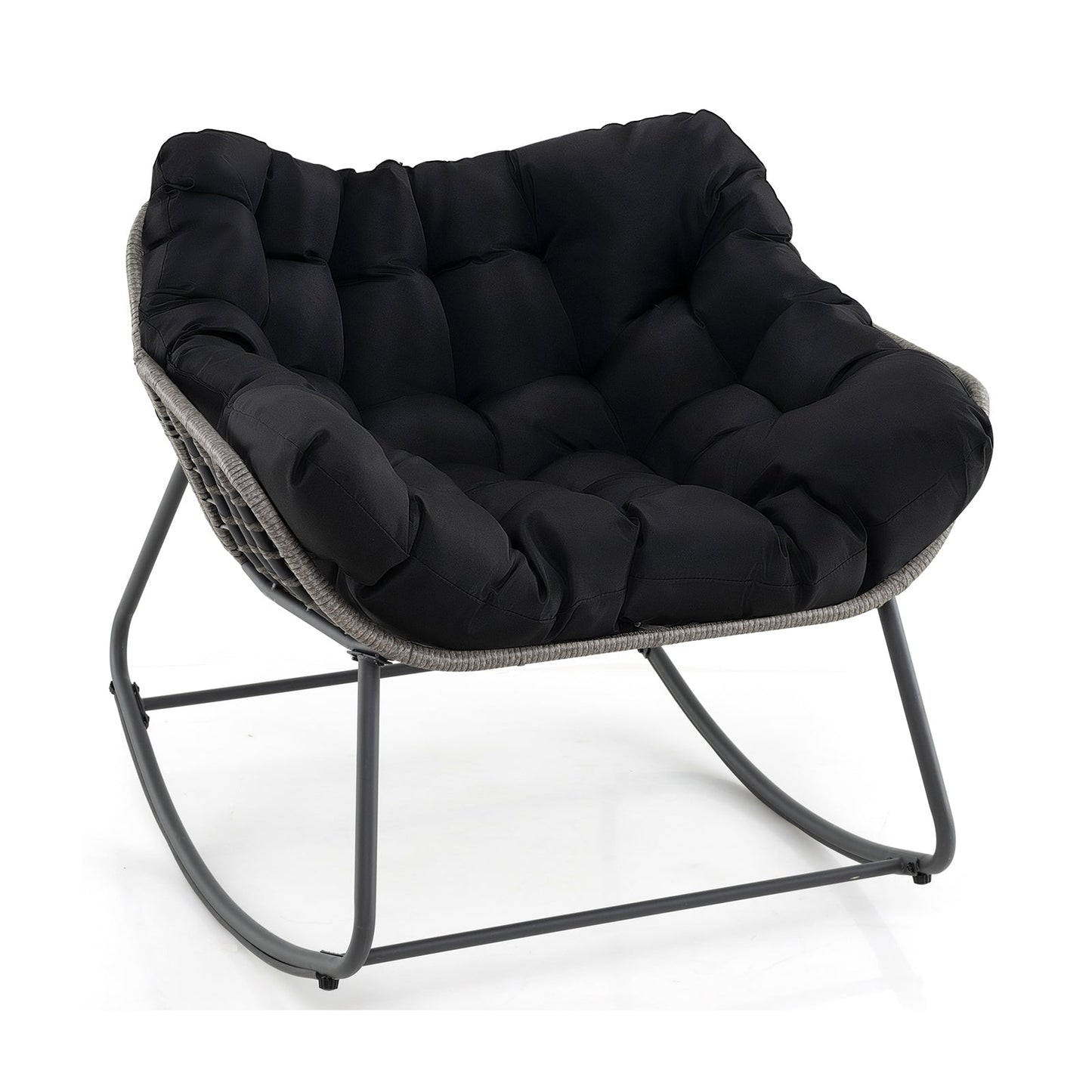 Mecedora de exterior extra grande para patio, silla de huevo de ratán PE con cojín-Negro