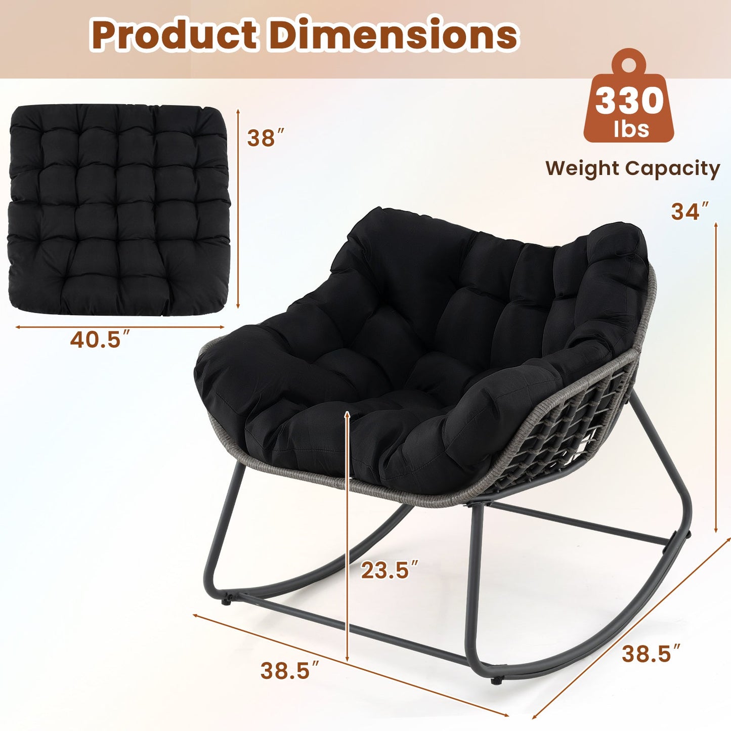 Mecedora de exterior extra grande para patio, silla de huevo de ratán PE con cojín-Negro