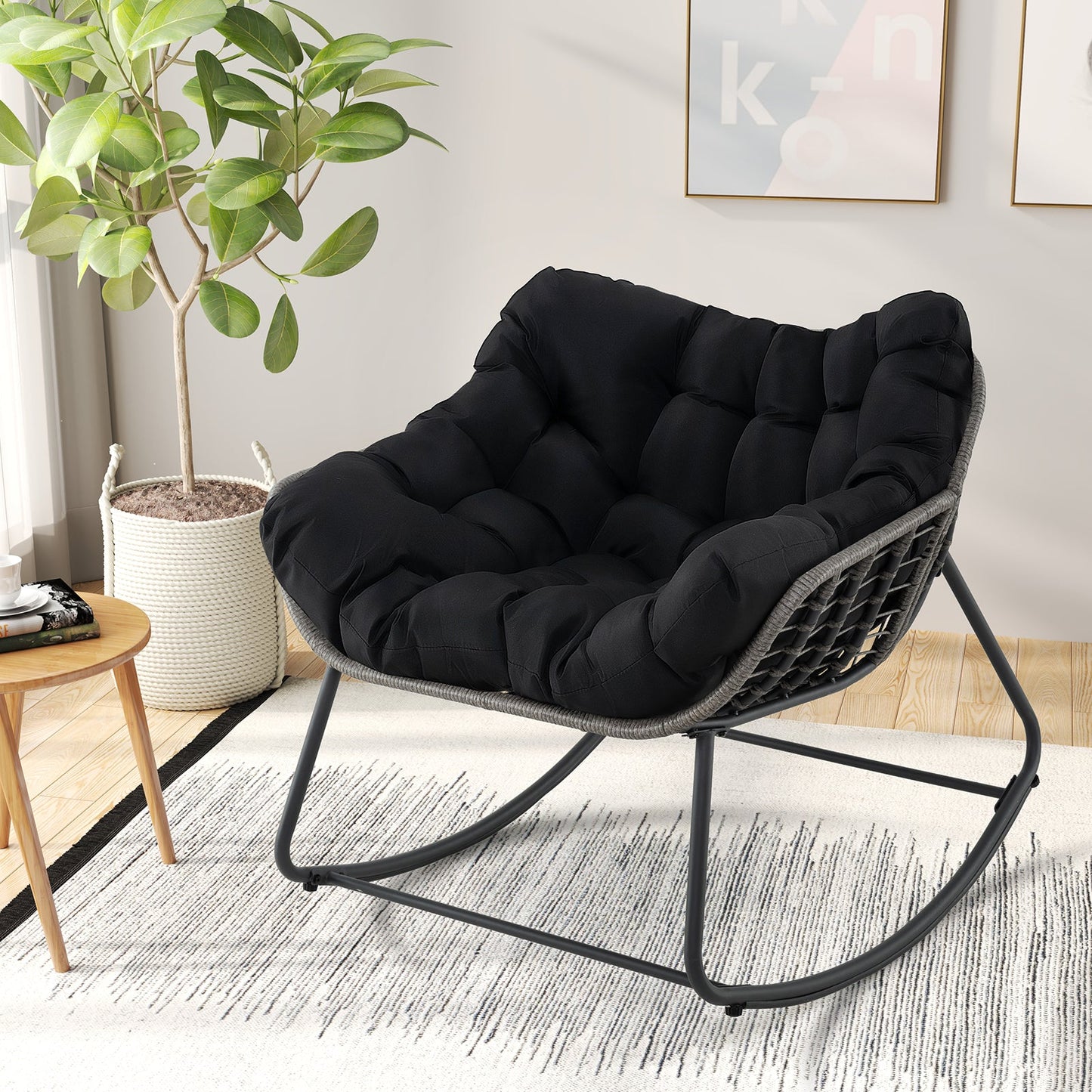 Mecedora de exterior extra grande para patio, silla de huevo de ratán PE con cojín-Negro