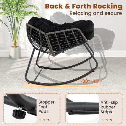 Mecedora de exterior extra grande para patio, silla de huevo de ratán PE con cojín-Negro