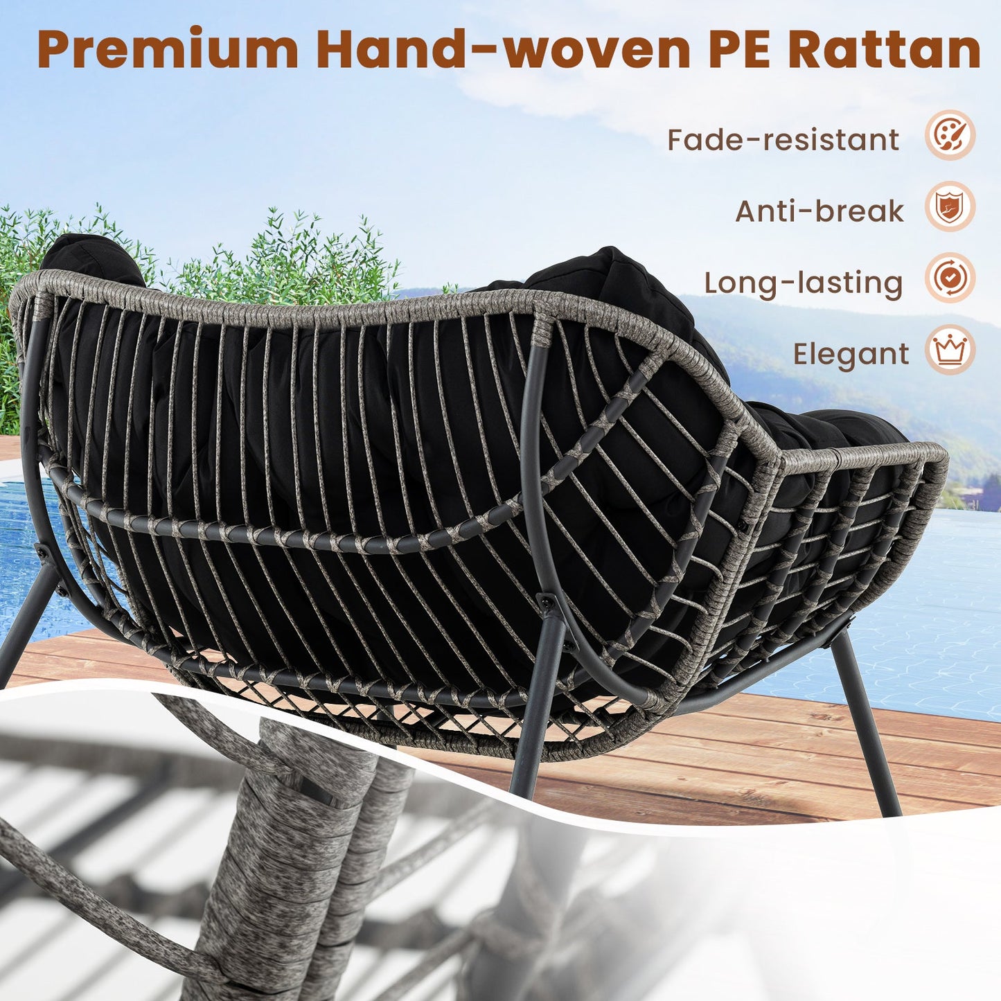Mecedora de exterior extra grande para patio, silla de huevo de ratán PE con cojín-Negro