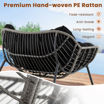 Mecedora de exterior extra grande para patio, silla de huevo de ratán PE con cojín-Negro