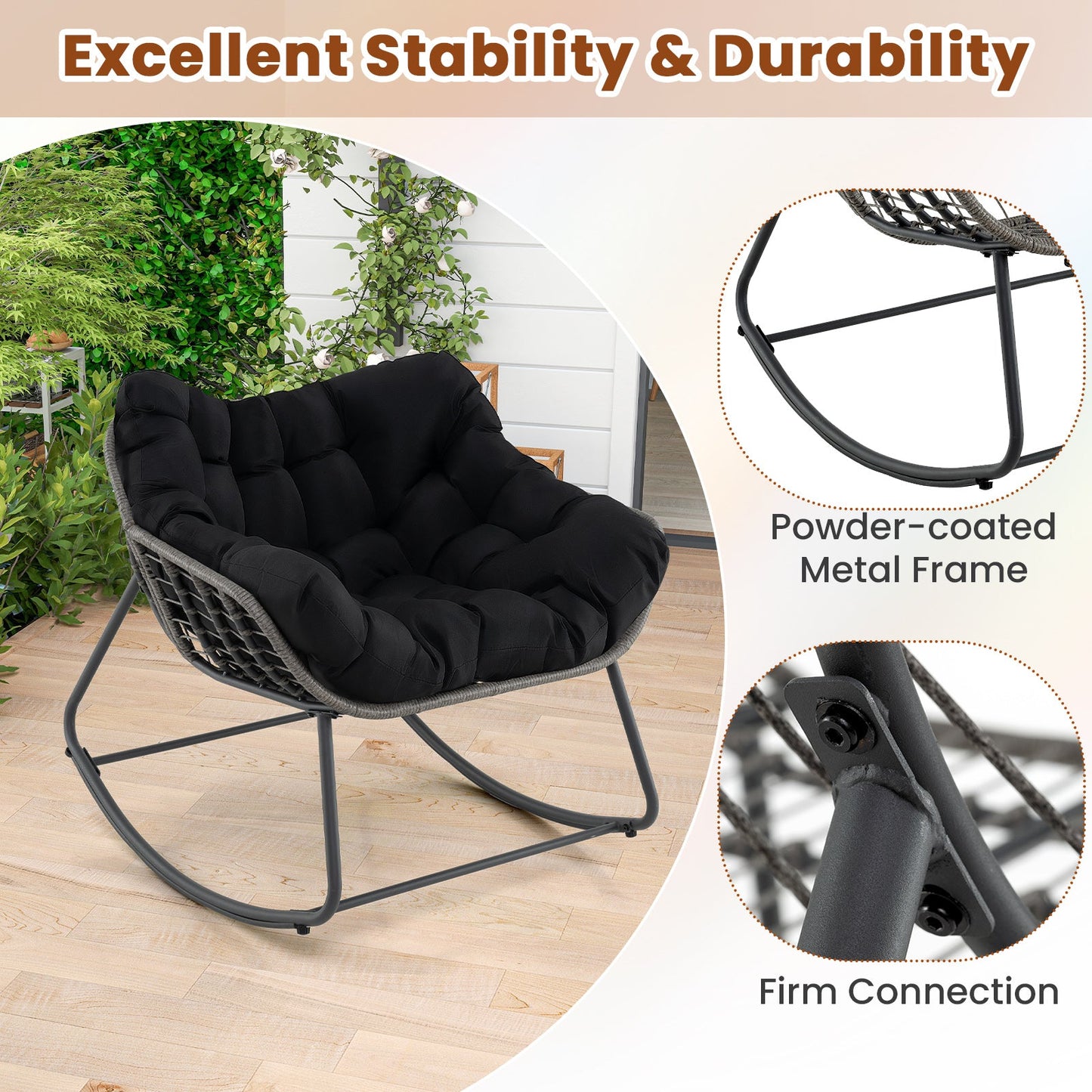 Mecedora de exterior extra grande para patio, silla de huevo de ratán PE con cojín-Negro