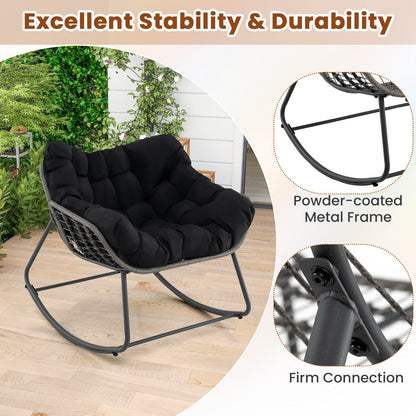 Mecedora de exterior extra grande para patio, silla de huevo de ratán PE con cojín-Negro