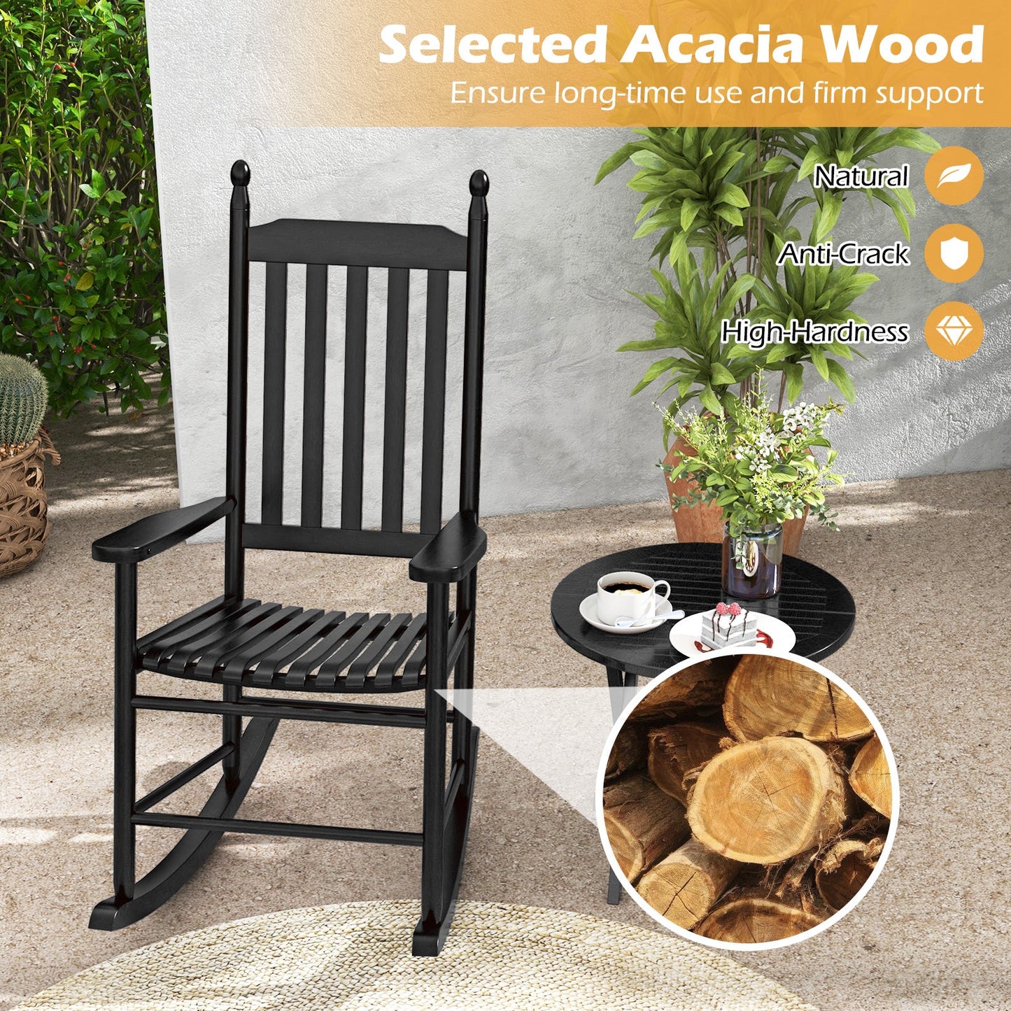 High-Back Acacia Wood Outdoor Rocking Chair with Solid Rocking Base