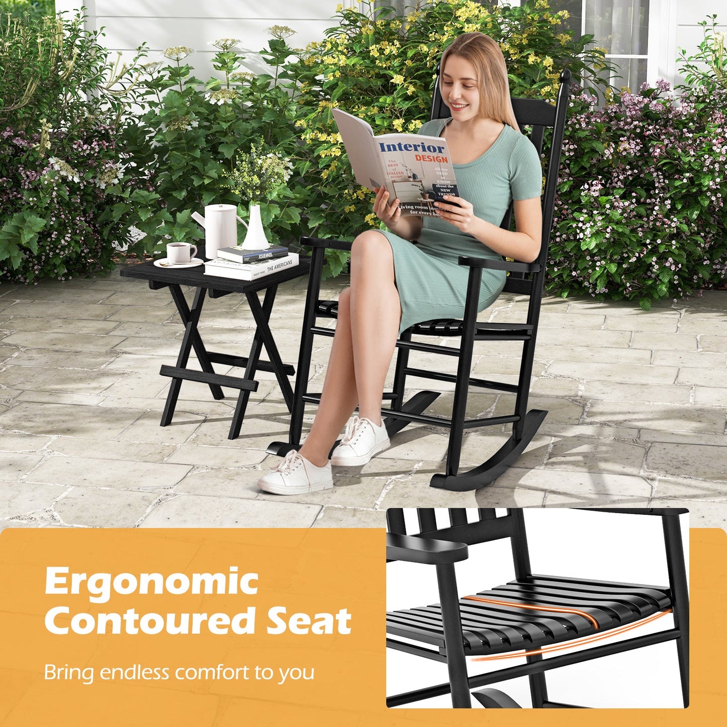 High-Back Acacia Wood Outdoor Rocking Chair with Solid Rocking Base