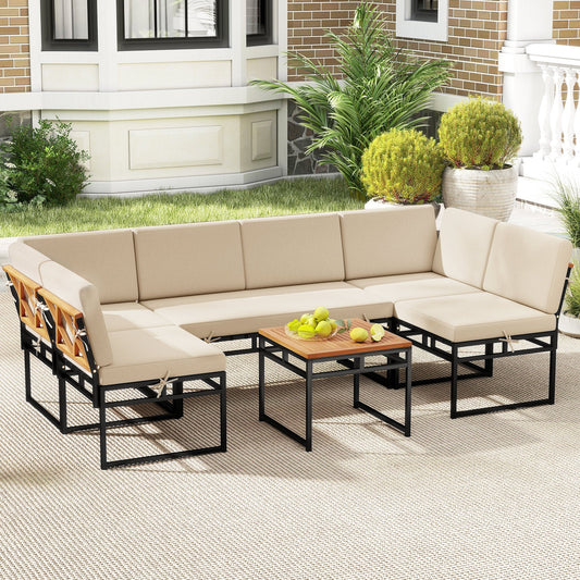 6 Piece Outdoor Sectional Sofa Set Metal Conversation Set with Cushions-Beige - Tampa Home & Garden Store