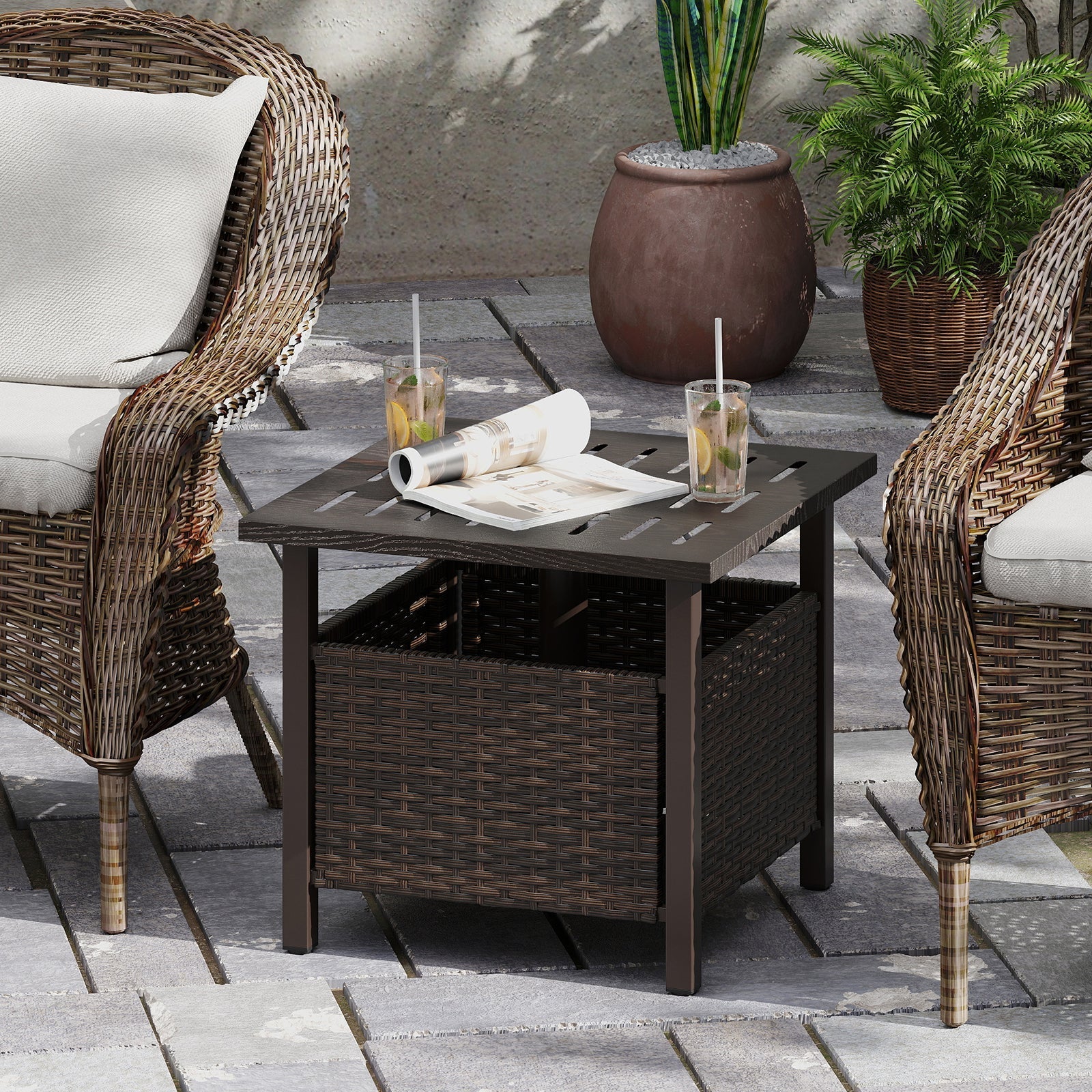 Outdoor side table brown all-weather PE wicker with umbrella hole by LJGDeals, and two chairs on Tampa Home & Garden Store