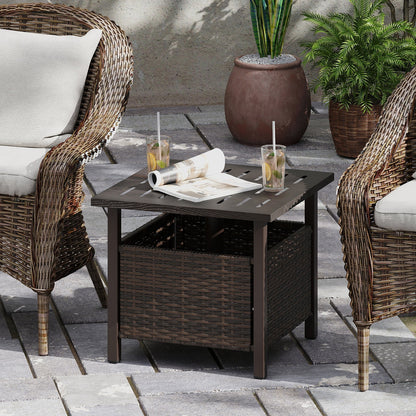 Outdoor side table brown all-weather PE wicker with umbrella hole by LJGDeals, and two chairs on Tampa Home & Garden Store