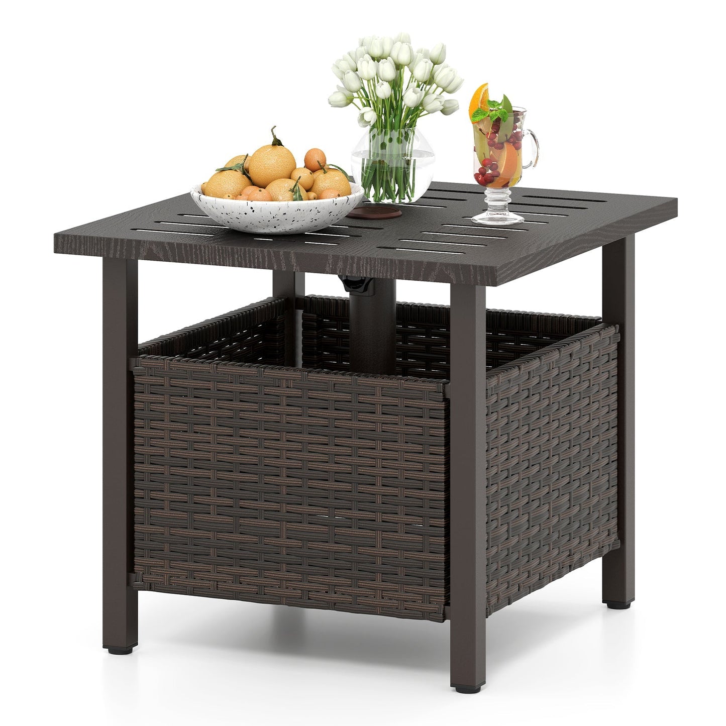 LJGDeals Outdoor Side Table All-Weather PE Wicker Brown with Umbrella Hole on Tampa Home & Garden Store