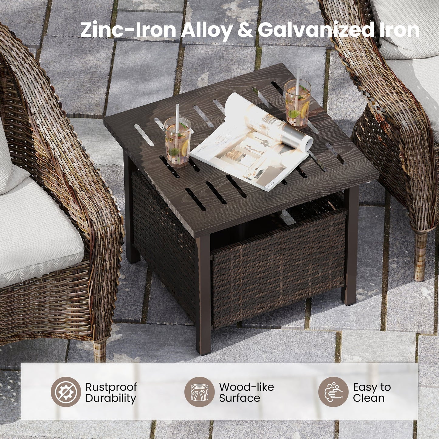 Outdoor Side Table all-weather PE wicker brown with umbrella hole, drinks and a magazine on top on Tampa Home & Garden Store