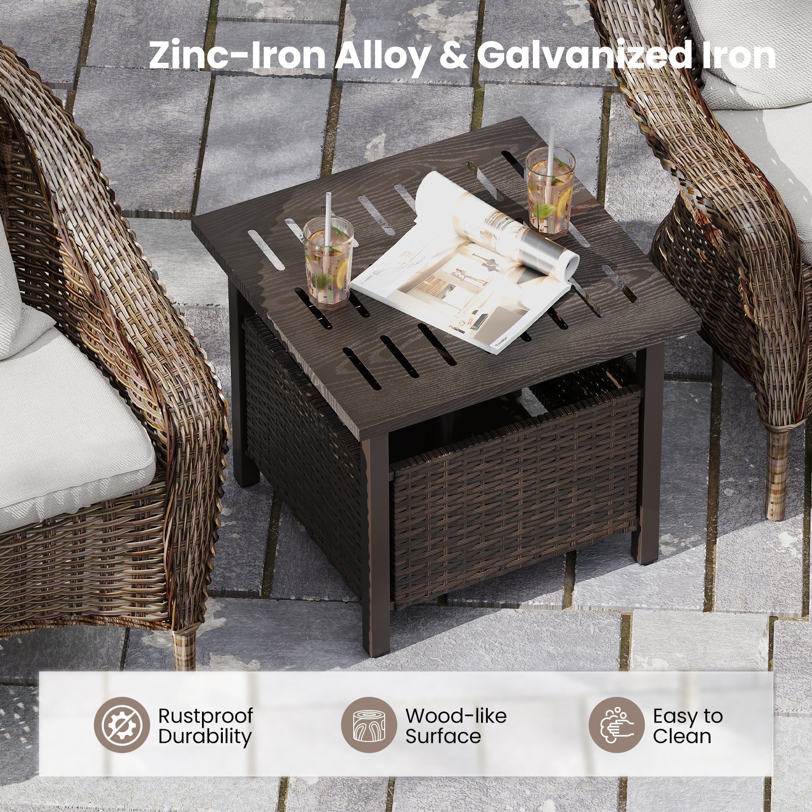 Outdoor Side Table all-weather PE wicker brown with umbrella hole, drinks and a magazine on top on Tampa Home & Garden Store