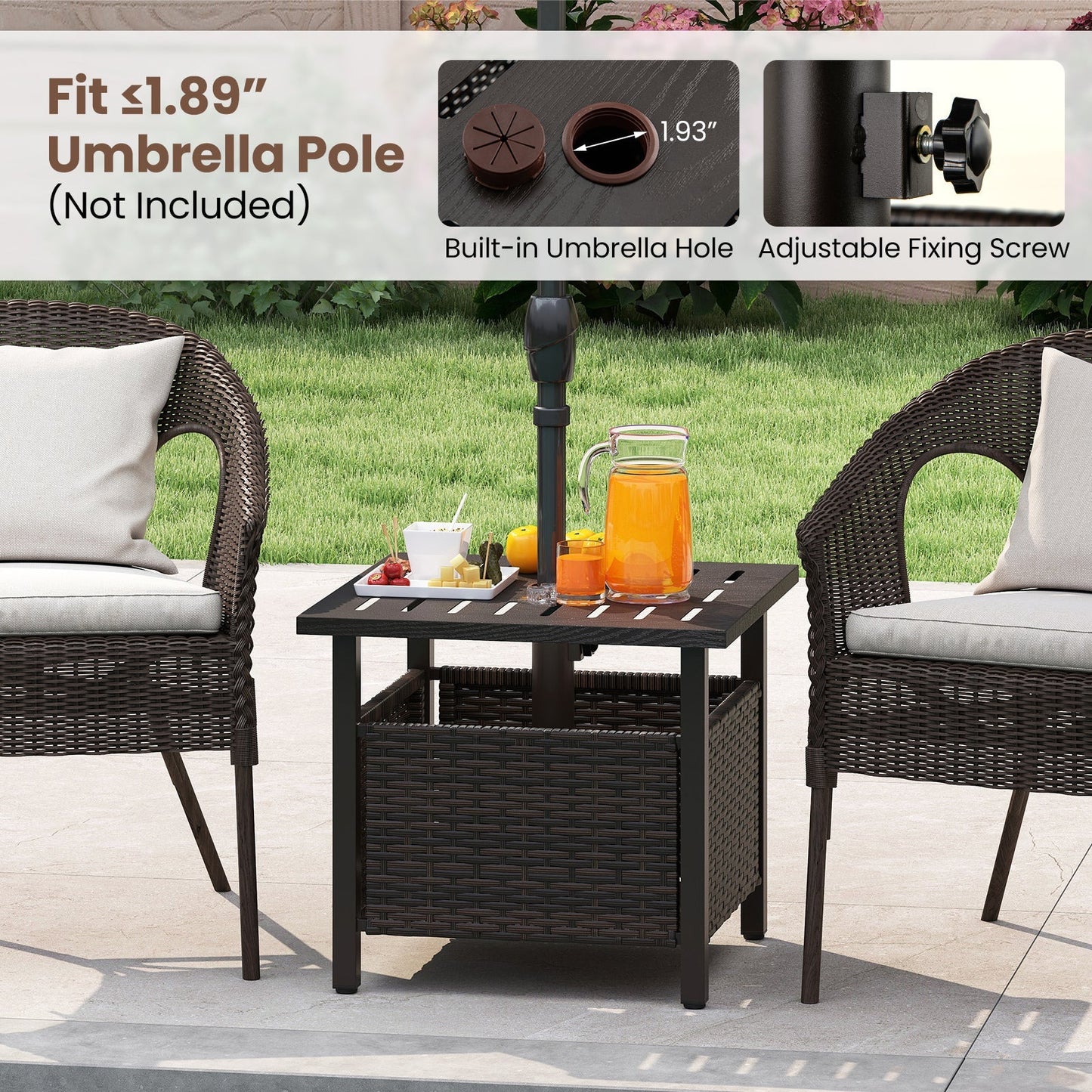 Outdoor Side Table All-Weather PE Wicker Brown with Umbrella Hole, shown with patio chairs on Tampa Home & Garden Store